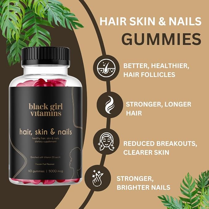 Black Girl Vitamins - Hair, Skin, and Nails Gummies with Biotin (6000 mcg), Zinc, Gelatin Free, Vitamin A, and Vitamin E - Gluten-Free. Made in The USA (Passion Fruit, 60 Count) 30 Day Supply