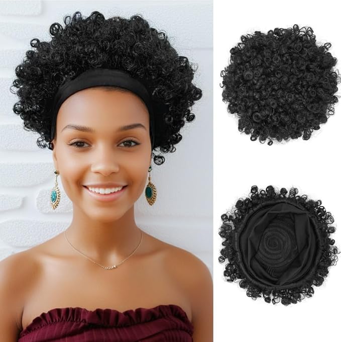 Afro Headband Wig Black Short Afro Kinky Curly Wigs for Black Women Glueless Afro Wigs with headbands attached Synthetic with 2 Clips(1b)