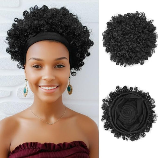 Afro Headband Wig Black Short Afro Kinky Curly Wigs for Black Women Glueless Afro Wigs with headbands attached Synthetic with 2 Clips(1b)