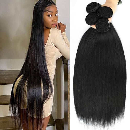 22 24 26 28 Inch 4 Bundles Human Hair Straight 12A 100% Unprocessed Brazilian Virgin Human Hair Bundlles Straight Natural Black, True to Length, Full to Weight