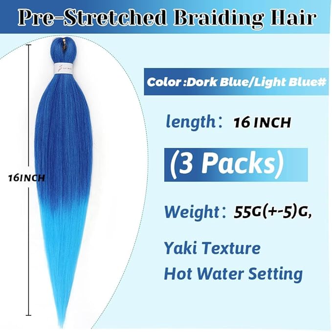 Umylar Hair Extensions 16 '' Pre Stretched Crochet Braids Hair Hot Water Setting Synthetic Hair(3 Packs,Dark Blue/Light Blue#)