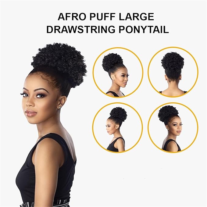 Afro Puff Ponytail Drawstring Wigs for Black Woman 6 Inch Natural Black 100% Human Hair Puff Ponytail Extension Clip On Kinky Drawstring Curly Ponytail Bun Durable Natural Soft and Smooth Hairpiece