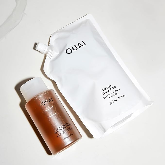 OUAI Detox Shampoo + Refill - Clarifying Shampoo for Build Up, Oil, Product & Hard Water - Apple Cider Vinegar & Keratin for Clean, Refreshed Hair - Sulfate Free Hair Care (2 Count, 10 Oz/32 Oz)