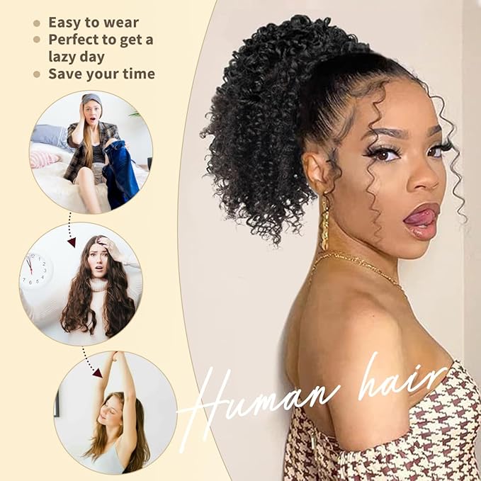 isheeny Drawstring Ponytail for Black Women, 100% Human Hair Curly Ponytail Extension, Adds Volume & Length 8Inch Easy to Install for Daily/Parties