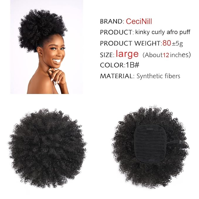 Afro Puff kinky curly Drawstring Ponytail Extension for Women Synthetic Short Afro Kinkys Curly Afro Bun Extension Hairpieces Updo Hair Extensions with Two Clips(1B)