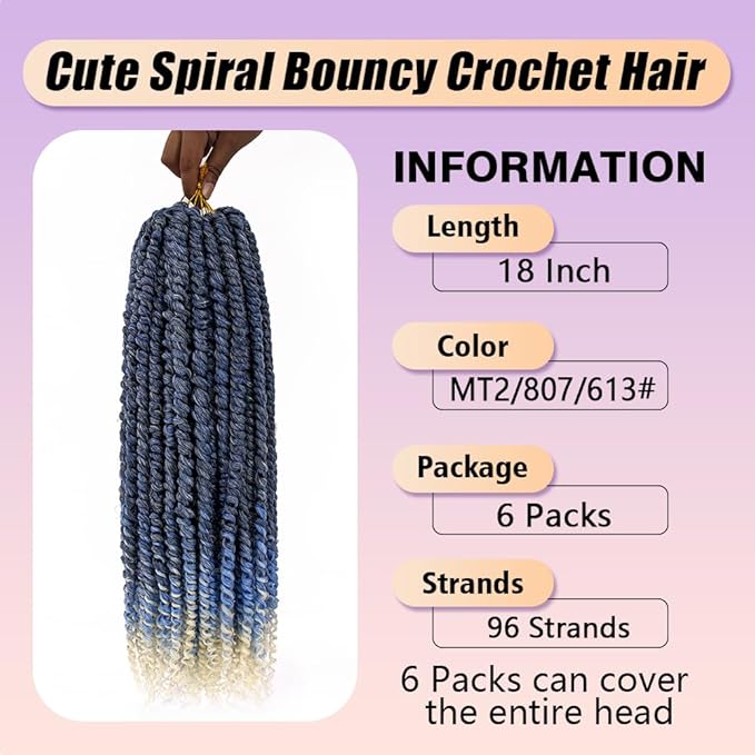 18inch Passion Twist Crochet Hair 96 Stands Pre-Twisted Passion Twist Hair 6 Packs Pre-Looped Passion Twists Braids Synthetic Passion Twist 0mbre Blue Crochet Braids Hair Extensions