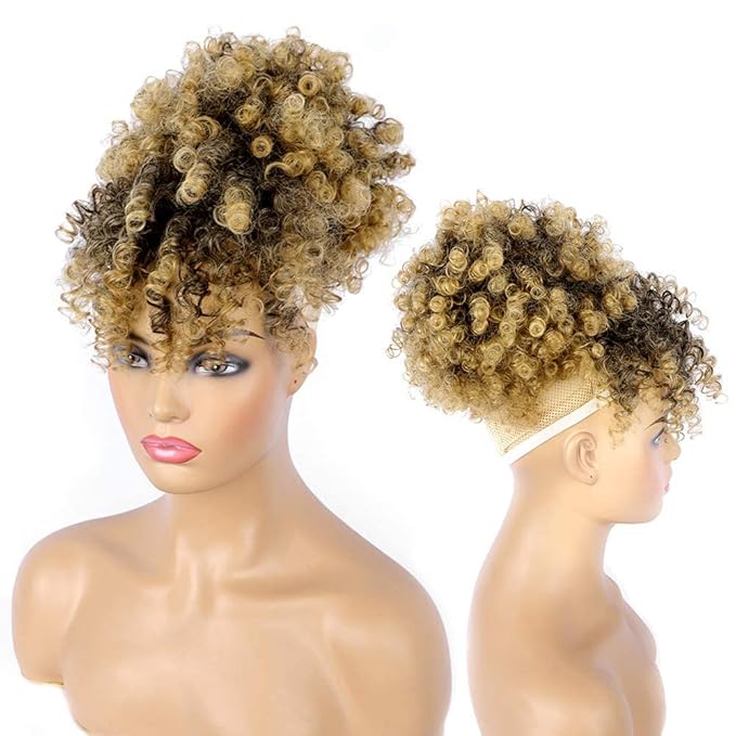 ENTRANCED STYLES Drawstring Ponytail with Bangs Afro Puff Ponytail Extensions for Women Short Curly Puff Ponytail with Bangs Clip in Wrap Updo Hairpiece for Women (T27)