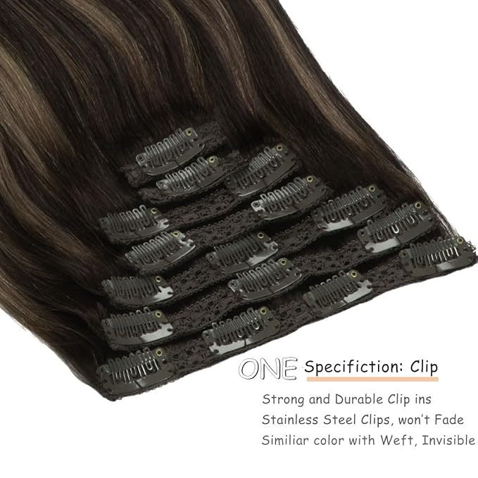 Caliee 22Inch Hair Extensions Real Human Hair 140G Clip on Hair Extensions Soft Stright R1B-1B/6A Balayage Natural Black to Light Chestnut Brown 7PCS Clip in Human Hair Extensions for Women