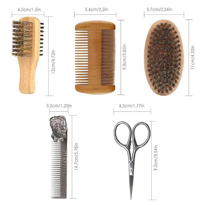 Beard Brush and Comb Set with Mustache Scissors Grooming Kit, Natural Boar Bristle, Dual Action Wood Comb, Dual Side Brush for Men's Facial Hair, Travel Bag