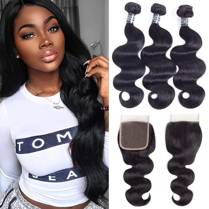 Amella Hair Brazilian Body Wave 3 Bundles with Free Part Lace Closure (16 18 20 with 12) 8A Grade Unprocessed Virgin Human Hair with Closure Brazilian Body Wave Natural Black Color