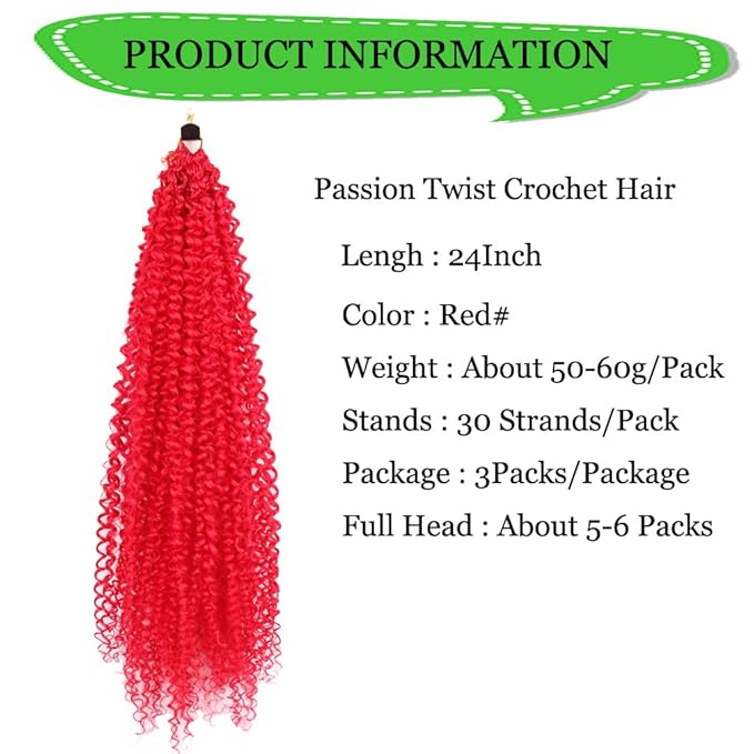 Curly Crochet Hair Extensions Red Passion Twist Braids 24Inch Long Curly Braiding Hair 3Packs Spring Crochet Braids Hair Extensions Goddess Box Braids for Black Women(24",Red)