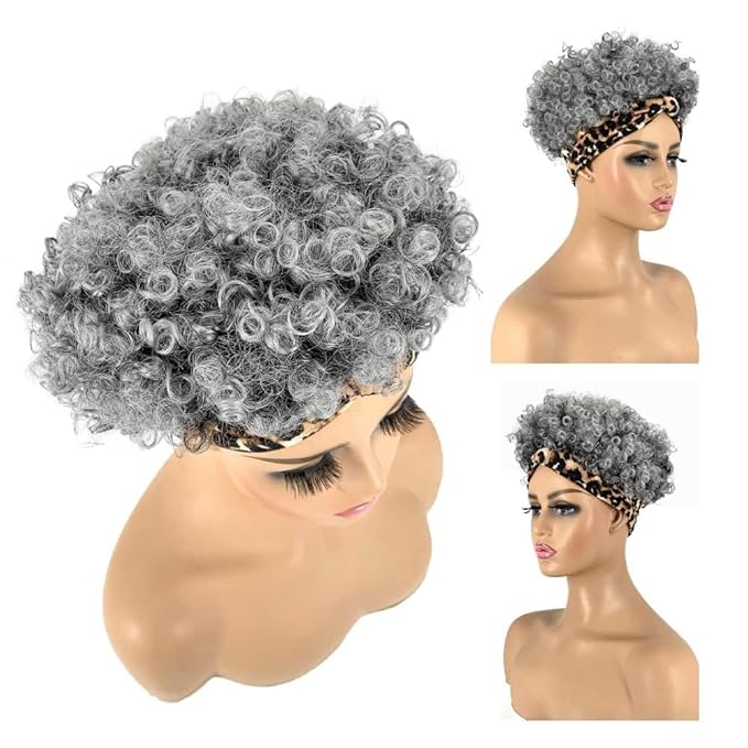 Short Curly Wigs with Headbands Attached for Black Women Synthitic Kinky Curly Afro Puff No Drawstring Ponytail Wig Headwrap Hairstyles With 2 Clips(T1B/Grey)