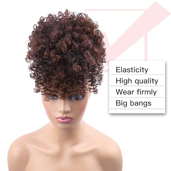 ENTRANCED STYLES Drawstring Ponytail with Bangs - Afro Puff Extensions for Women, Short Curly Clip in Wrap Updo Hairpiece (2-33#)