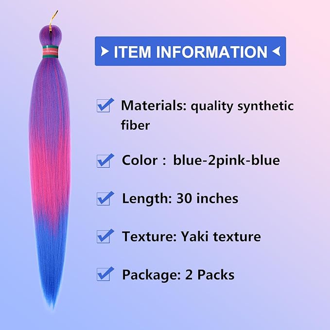 Ombre Blue-Pink Pre stretched Braiding Hair 2 Packs Pre feathered Braid Hair Extensions 30 Inches Synehetic Hair Braids