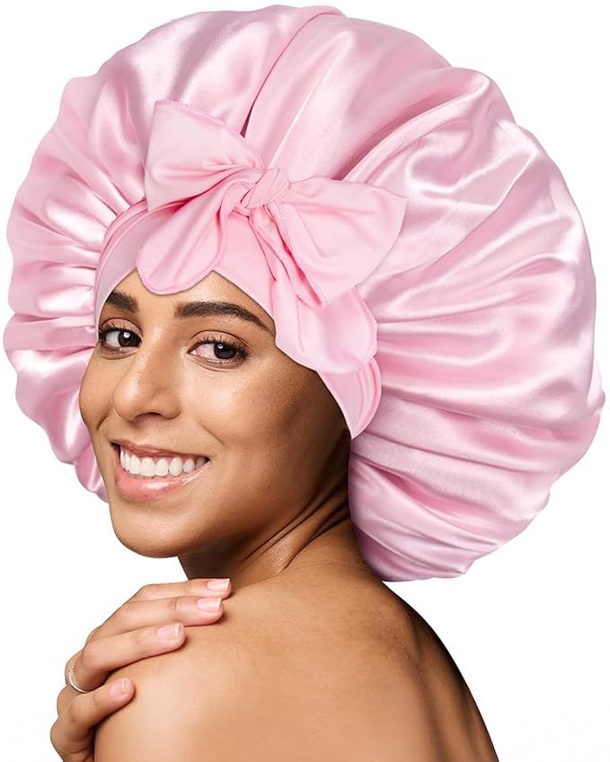 BONNET QUEEN Silk Bonnet for Sleeping Women Big Satin Bonnet Night Sleep Cap Wrap for Curly Hai rwith Adjustable Tie Band, Single Layer, Large, Pink