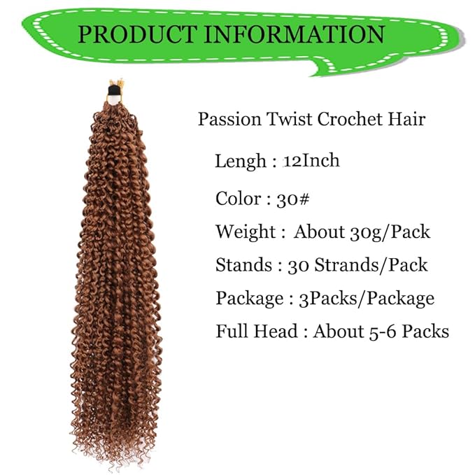 Passion Twist Hair Extensions Brown Crochet Hair 12 Inch Short Curly Braiding Hair 3 Packs Crochet Braids with Curls for Black Women(12",30#)