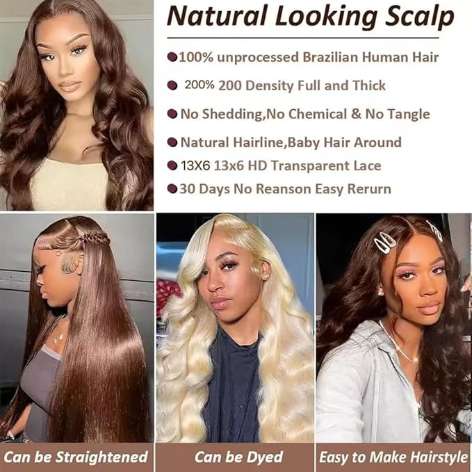 MEGOOD 200% Density Chocolate Brown Lace Front Wig Human Hair 13x6 Body Wave Lace Front Wigs Colored Human Hair Wigs For Women HD Transparent Lace Front Wig(26 Inch,Chocolate Brown Wig)