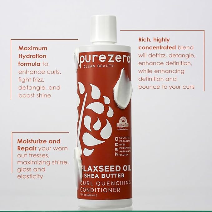 Purezero Flaxseed Oil & Shea Butter Shampoo and Conditioner Set - Curl Care - For Curly Hair Detangle & Defrizz - Zero Sulfates/Parabens/Dyes -100% Vegan & Cruelty Free - Great For Color Treated Hair