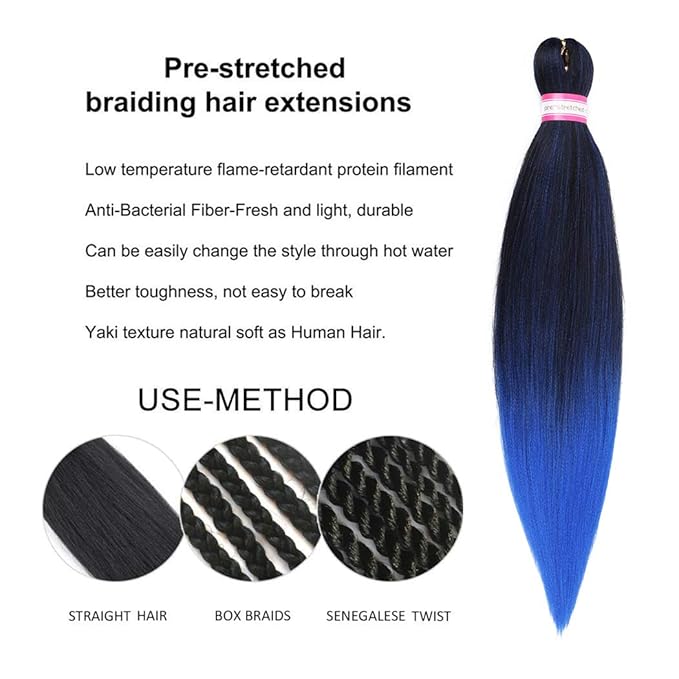 Dorsanee Ombre Blue Braiding Hair Pre Stretched 20 Inch 8 Packs Braiding Hair Extensions for Crochet Box Braids Twists Locs Hair Itch Free Soft Yaki Texture Hot Water Setting (20inch,#1B/Blue)