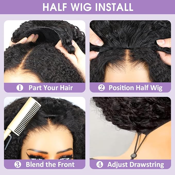 Eooma Half Wig Human Hair 220 Density Kinky Curly half wig Upgrade 3 IN 1 Drawstring Seamless Flip Glueless Wigs for Women Invisible Hairline Beginner Friendly Headband Wig 16 Inch