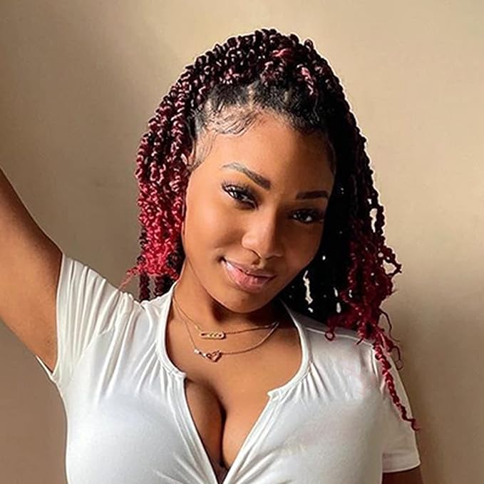 Leeven 12 Inch Pretwisted Passion Twist Hair 8 Packs Ombre Burgundy Pre Looped Red Water Wave Crochet Hair Short Curly Bohemian Braids Synthetic Hair Extensions for Black Women (12Strands/Pack #TBUG)