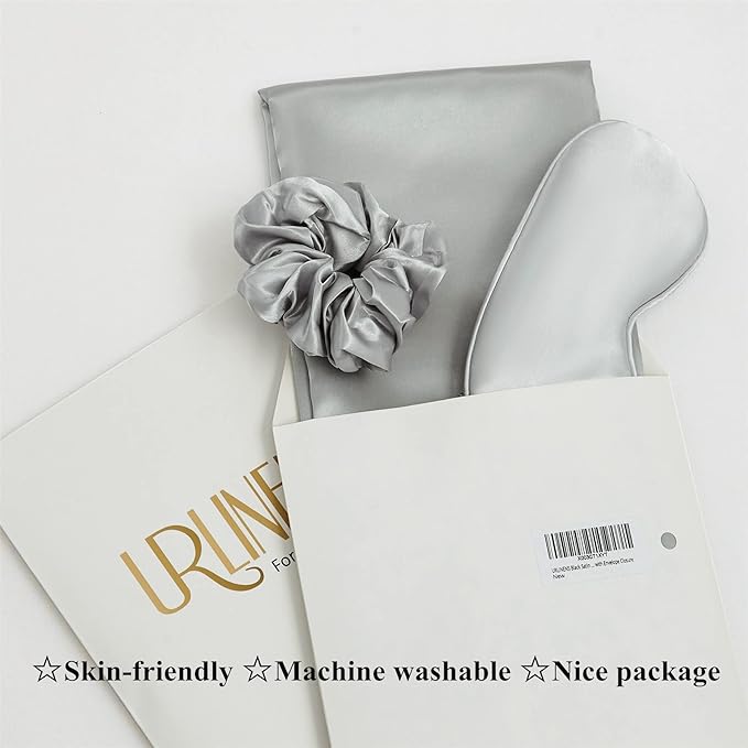 Satin Pillowcase for Hair and Skin, Vegan Silk Pillowcase Set-2 Satin Pillowcases, 1 Eye Mask, 1 Scrunchie-Luxury Sleep Set, Silver Gray Pillow Cases Queen Size with Envelope Closure