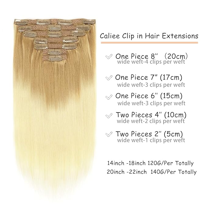 Caliee 18Inch Clip in Hair Extensions - Straight Human Hair, T12/60 Golden Brown to Platinum Blonde, 120G