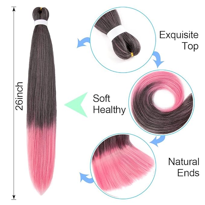 8 Pack Ombre Braiding Hair Pre Stretched - 26" 100G/Pack Premium Pre Stretched Braiding Hair Extensions, Professional Itch Free Hot Water Setting Perm Yaki Texture Prestretched Hair(1Bpink)