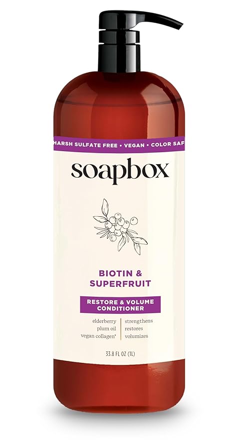 Soapbox Biotin & Collagen Super Fruit Conditioner for Thin, Fine, Thinning Hair | Volumizing & Softening Conditioner to Promote Hair Growth, Strength, Fullness, 1 Liter Pump Bottle