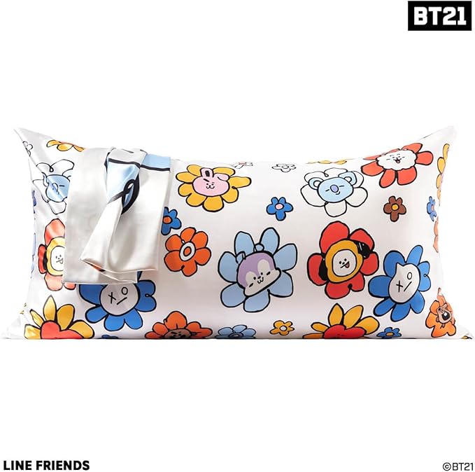 Kitsch x BT21 Satin Pillowcase with Zipper – Better Than Silk Pillowcase, Van Character & Funky Floral Print – Soft Cooling Toddler Bed Time Pillow Case for Hair & Skin – King Size 19x36