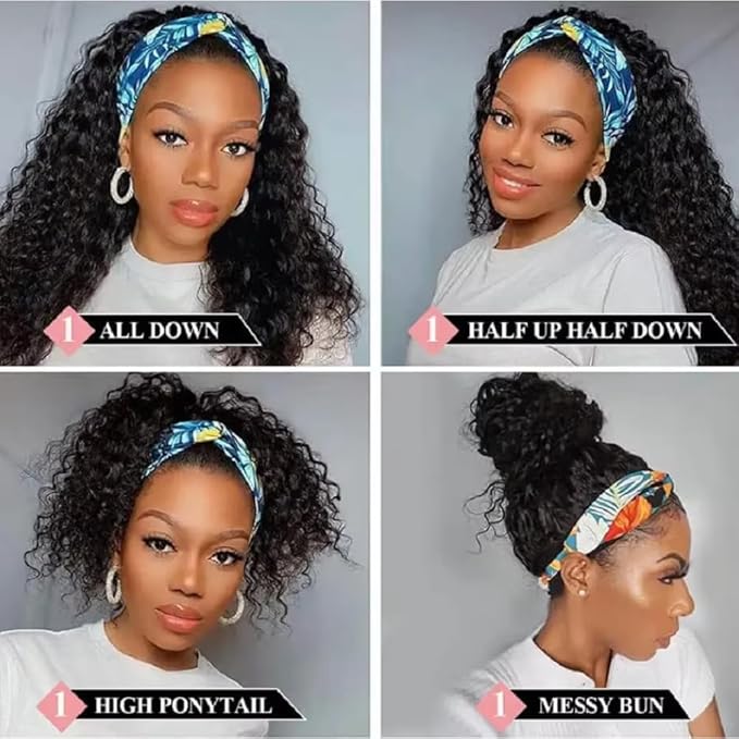 Headband Wig Human Hair Curly 16 Inch Headband Wigs for Black Women Water Wave None Lace Front Virgin Deep Wave Human Hair Natural Color 150% Density