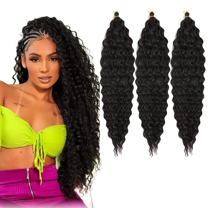 24 inch Ocean Wave Crochet Hair Deep Wave Twist Crochet Hair Extensions Curly Braiding Hair 3 packs (24 inch, Natural Black)