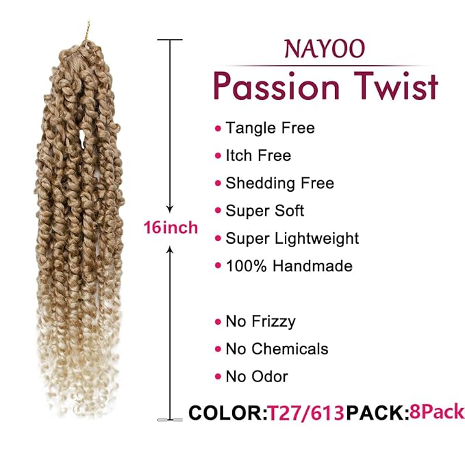 NAYOO Passion Twist Hair - 8 Packs 16 Inch Passion Twist Crochet Hair For Women, Crochet Pretwisted Curly Hair Passion Twists Synthetic Braiding Hair Extensions (16 Inch 8 Packs, T27/613)
