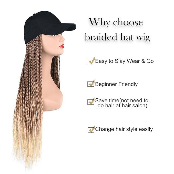Hat Wig for Women Baseball Cap with Braided Hair Attached 24inch long Synthetic Box Braid Wig Hat Adjustable Cap with ombre brown blonde light blonde Braids for Daily Outdoor Use(B-70)