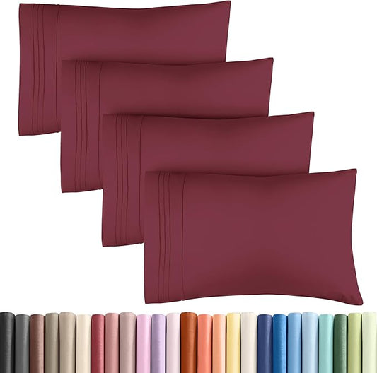 King Pillow Cases Set of 4 - Ultra Soft Hotel Quality Pillowcase Covers - Comfy, Cozy & Wrinkle Free - Shrinkage, Stain and Fade Resistant - Machine Washable Pillow Protectors - 4 Piece Set - Burgundy