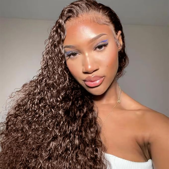 220% Density 13x6 Chocolate Brown Deep Wave Lace Front Wigs Human Hair Pre Plucked Curly Wig Glueless HD Lace Frontal Wet and Wavy Wigs Human Hair for Women 100% Brazilian Virgin Hair 26inch