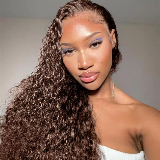 220% Density 13x6 Chocolate Brown Deep Wave Lace Front Wigs Human Hair Pre Plucked Curly Wig Glueless HD Lace Frontal Wet and Wavy Wigs Human Hair for Women 100% Brazilian Virgin Hair 26inch