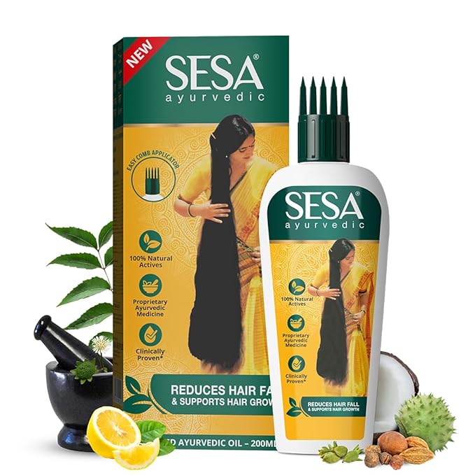 SESA Ayurvedic Hair Oil With Bhringraj & 17 Rare Herbs With Coconut Oil and 4 Nourishing Oil For Hair Growth Help Control Hair Fall & Easy Hair Oil Applicator For Women and Men, 6.76 Fl Oz or 200 ml