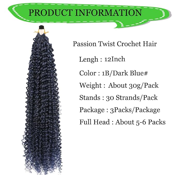 Passion Twist Hair Extensions Black to Dark Blue Curly Crochet Hair 12 Inch Short Curly Braiding Hair 3 Packs Ombre Crochet Braids with Curls for Black Women(12",1B Dark Blue)