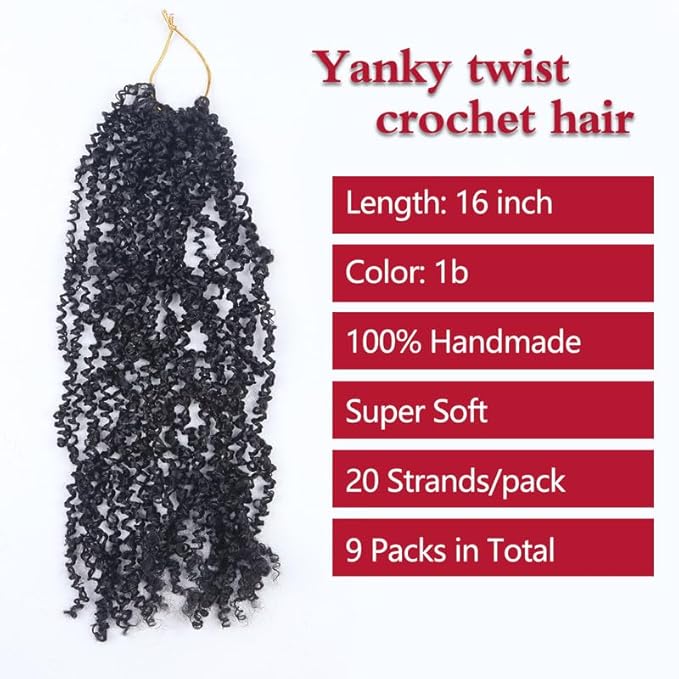 Yanky Twist Crochet Hair, PILLUGER Yaki Twists Hair Micro Spring Twist Braids,9 Packs Pre-looped passion Twist Brown Senegalese With Curls Crochet Synthetic Hair Extensions（16-1B）