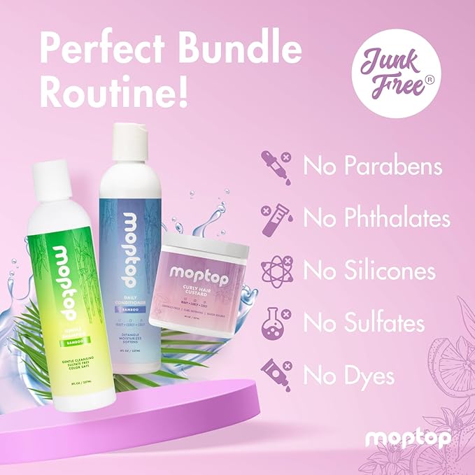 MopTop Curly Hair Routine, Gentle Shampoo + Daily Conditioner + Styling Gel for Wavy and Coily Tresses, Color Safe, Moisturizing Women's Hair Care