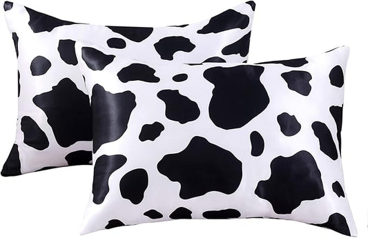 Satin Pillowcase for Hair and Skin Cow Print Pillow Cases Queen 2 Pack, Soft Cooling Silk Satin Pillowcase Set of 2 Silky Pillow Cover with Envelope Closure (20x30 inches, Cow)