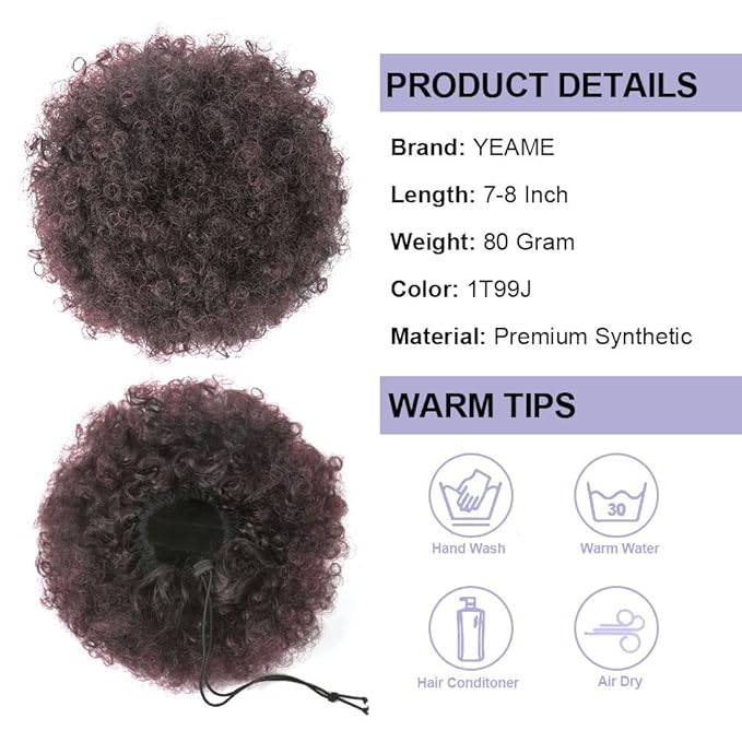 YEAME Afro Puff Drawstring Ponytail for Black Women, Short Kinky Curly Afro Ponytail Synthetic Hair Puffs, Premium Ombre Burgundy Afro Bun Drawstring Ponytail for Women Girls (1T99J Ombre Burgundy)