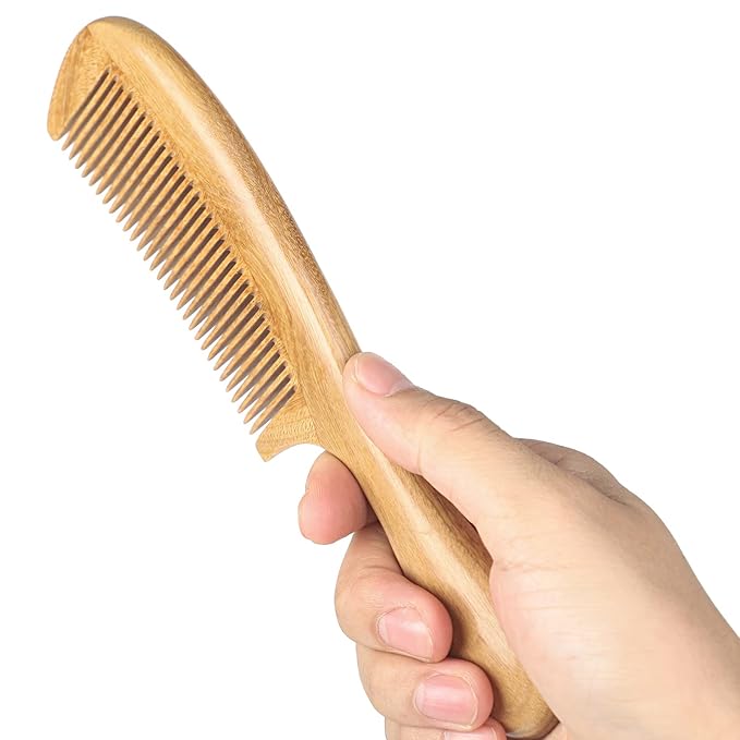 Onedor Handmade 100% Natural Green Sandalwood Hair Combs - Anti-Static Sandalwood Scent Natural Hair Detangler Wooden Comb (Fine Tooth)