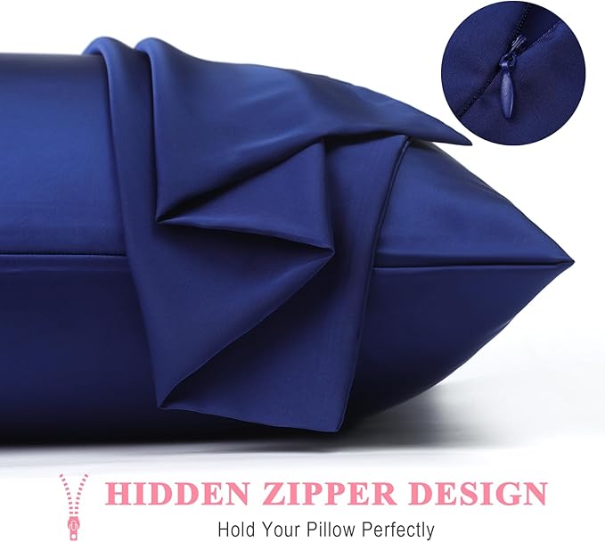 100% Pure Silk Pillowcase 2 Pack for Hair and Skin, Both Sides 23 Momme Grade 6A+ Mulberry Silk Pillowcases with Hidden Zipper, Soft&Smooth Cooling Pillow Cases (Navy Blue, Queen 20x30)