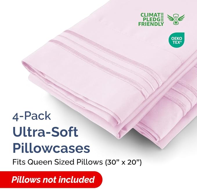 Queen Pillow Cases Set of 4 - Ultra Soft Hotel Quality Pillowcase Covers - Comfy, Cozy & Wrinkle Free - Shrink, Stain & Fade Resistant - Machine Washable Pillow Protectors - 4 Piece Set - Light Pink