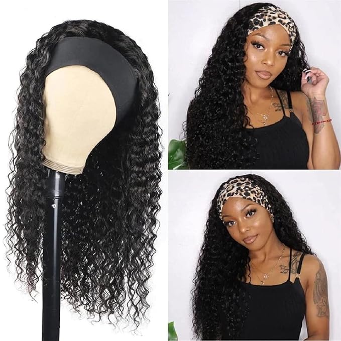 Eooma Glueless Wigs Human Hair Curly Headband Wig for Black Women (20 inch) Brazilian Remy Hair Curly None Lace Front Wigs Human Hair Scarf No Gel Wigs