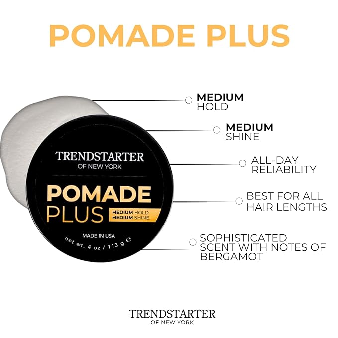 TRENDSTARTER - POMADE PLUS (4oz) - Medium Hold - Medium Shine - Premium Flake-Free Water-Based Premium Hair Styling Gel Product for All Hair Types - All-Day Reliability