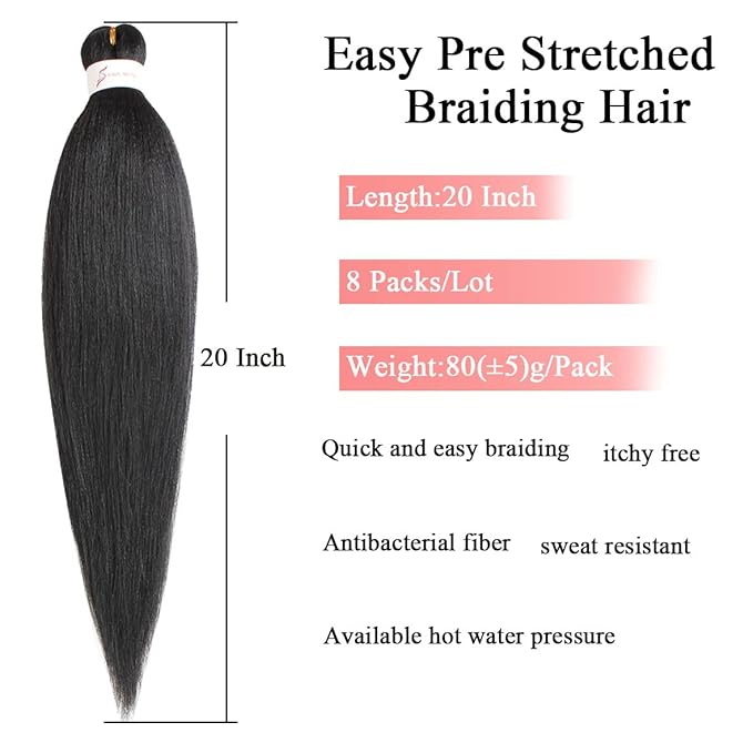 Leeven 8 Packs Pre-stretched 20 Inch Braiding Hair Extensions Yaki Texture Professional Crochet Braids Hair Hot Water Setting Synthetic Hair For Crochet Butterfly Braids(27613#)