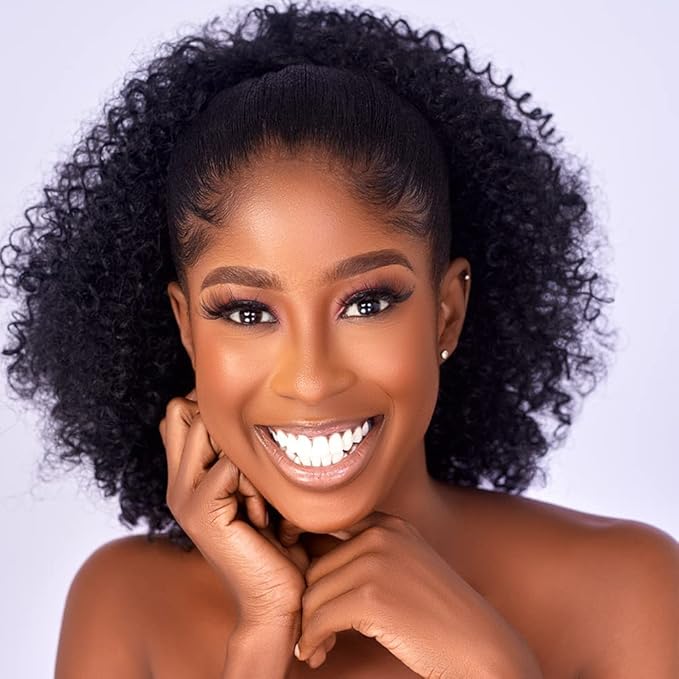 Afro Puff kinky curly Drawstring Ponytail Extension for Black Women Synthetic Short Afro Kinkys Curly Afro Bun Extension Hairpieces Updo Hair Extensions with Two Clips(1B)